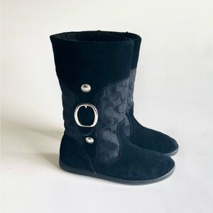 Coach Black Suede Leather Canvas Fur Lining Rubber Outsole Mid Calf Boots size 7